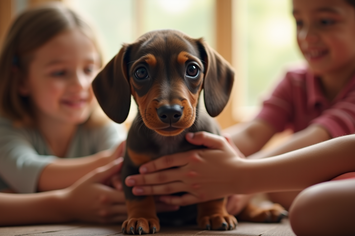 Chiot teckel caresse par des enfants en intérieur lumineux