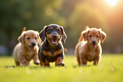 Chiot teckel jouant dans un parc ensoleille avec d autres chiots