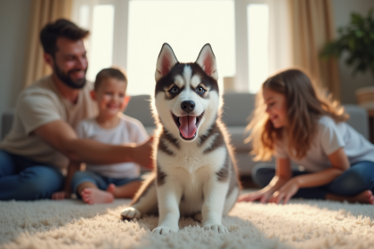 Chiot husky souriant dans le salon avec famille