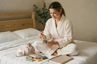 Jeune maman en robe en coton ivoire découvrant un coffret cadeau post-partum sur son lit avec bougies, sachets de tisane et journal