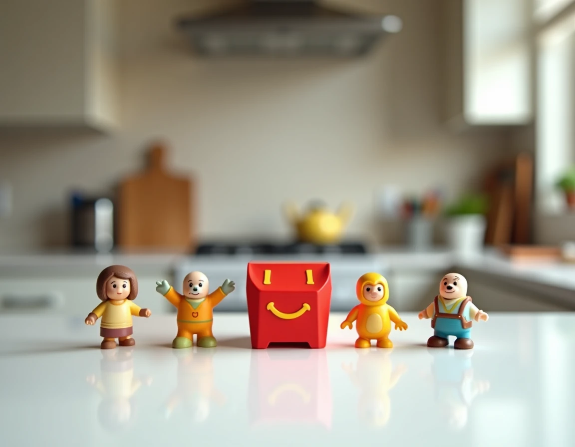 Collection de jouets Happy Meal McDonald's France alignés sur une surface blanche