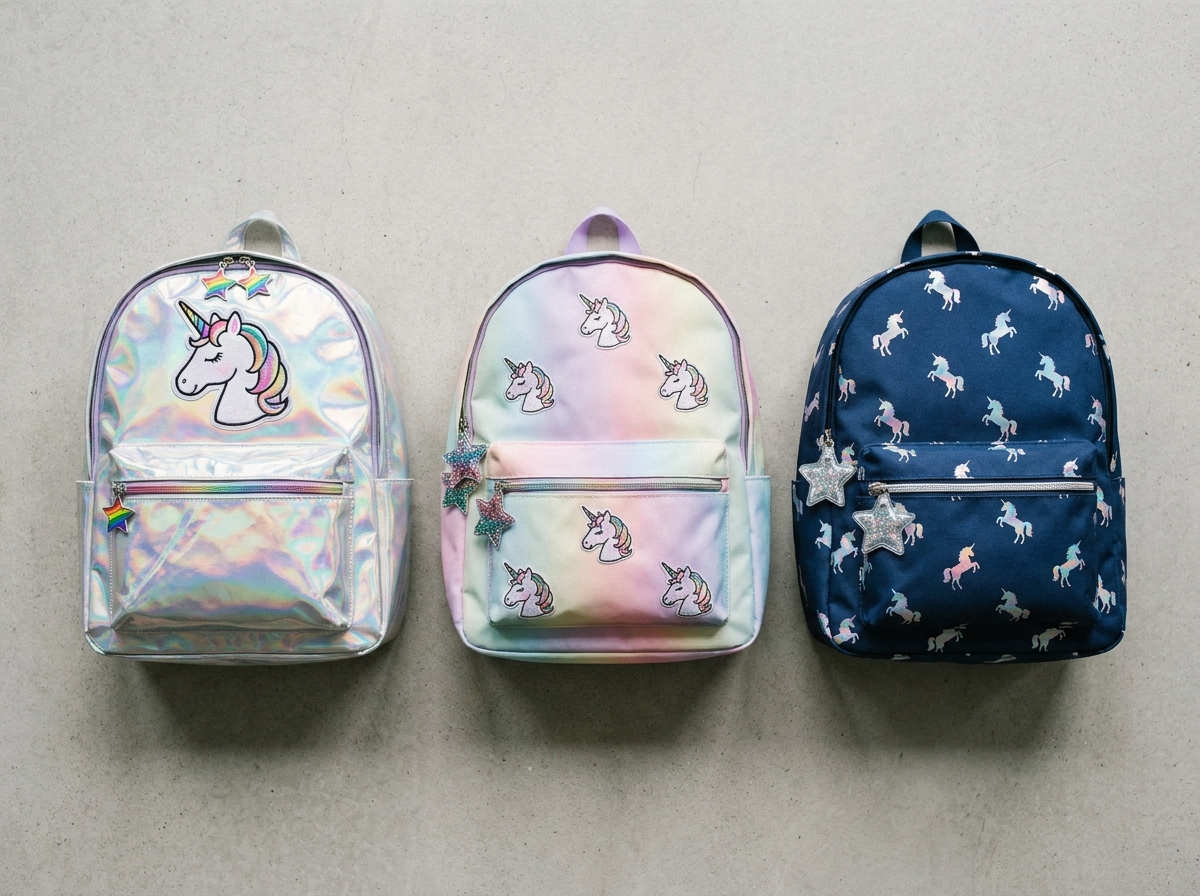Vue de dessus de trois cartables licorne et paillettes aux designs variés posés côte à côte sur fond gris béton