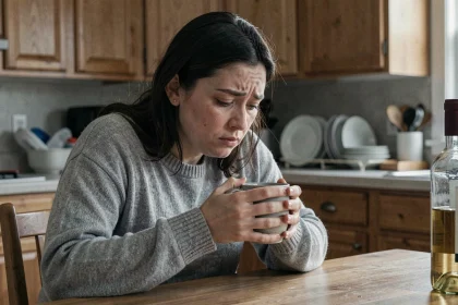 Femme épuisée assise seule dans une cuisine, représentant la détresse du conjoint d'une personne alcoolique