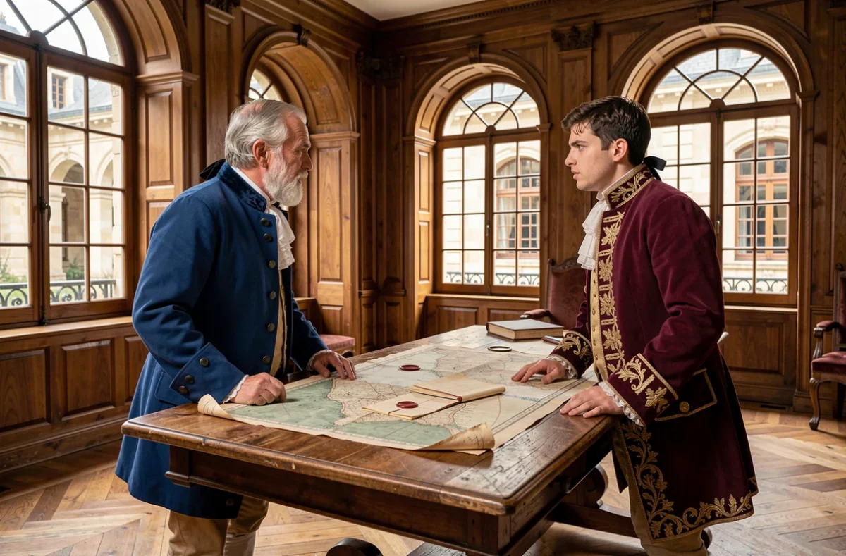 Deux nobles en costume d'époque du XVIIe siècle discutant autour d'une table de conseil avec cartes et documents historiques, illustrant les tensions de la cour royale française