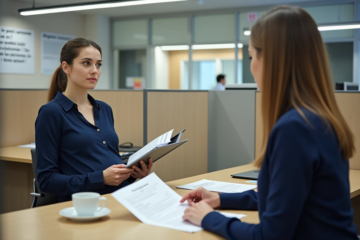 Femme enceinte en rendez-vous avec une conseillère Pôle Emploi pour connaître ses droits au chômage pendant son congé maternité non indemnisé