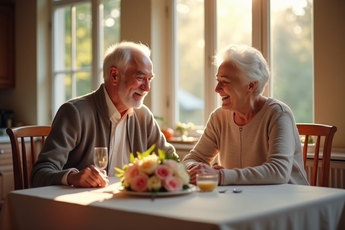 Couple âgé célébrant 60 ans de mariage à une table décorée