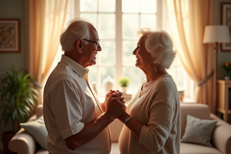 Couple agee main dans la main dans un salon lumineux