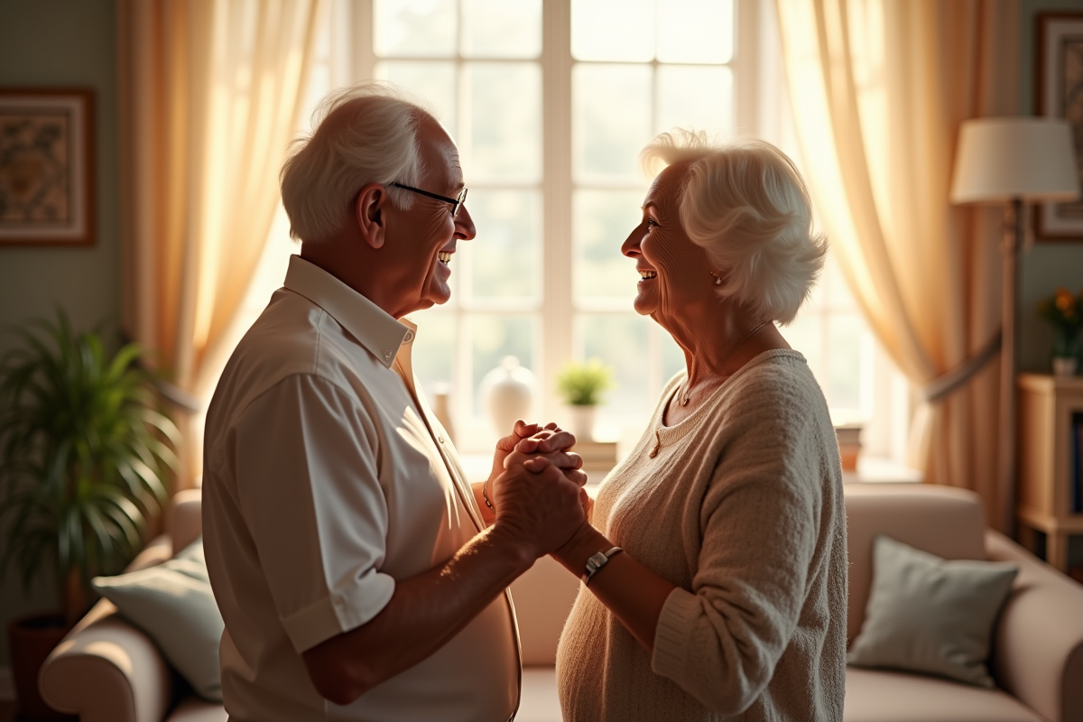 Couple agee main dans la main dans un salon lumineux