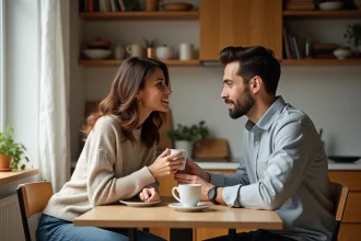 Femme et homme partageant un café dans une cuisine lumineuse