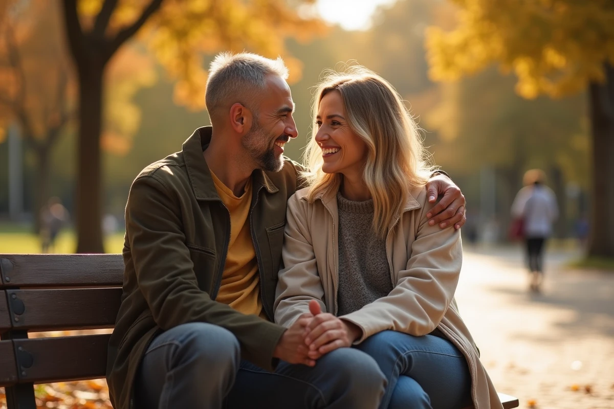 Couple complice assis sur un banc dans un parc parisien en automne, évoquant la discrétion et la tendresse d'une relation amoureuse préservée des regards