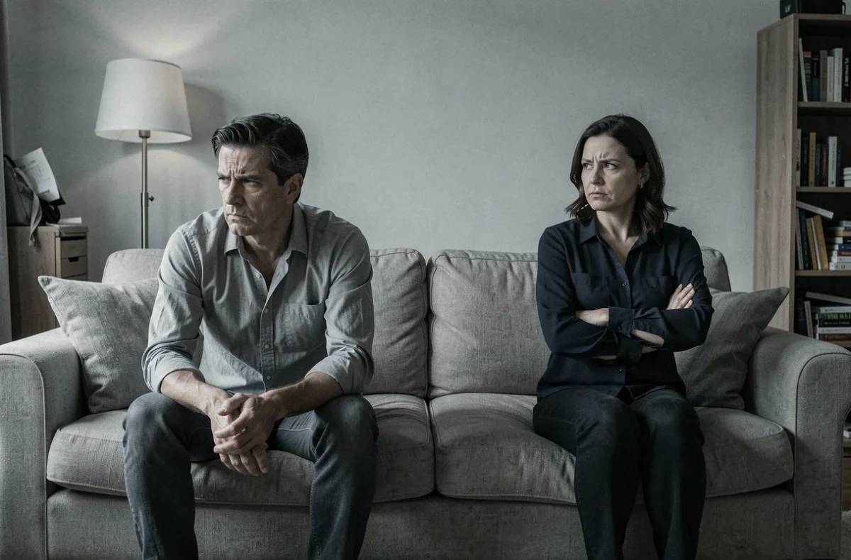 Couple en conflit assis à distance l'un de l'autre dans un salon, illustrant les tensions liées à l'alcoolisme dans le couple