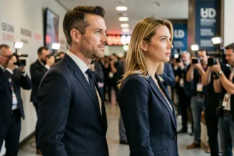 Couple élégant évitant les photographes lors d'un événement médiatique, illustrant la notion de discrétion et de vie privée dans le milieu journalistique