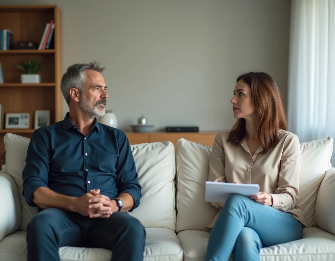 Couple séparé assis à distance sur un canapé avec des documents de divorce posés entre eux