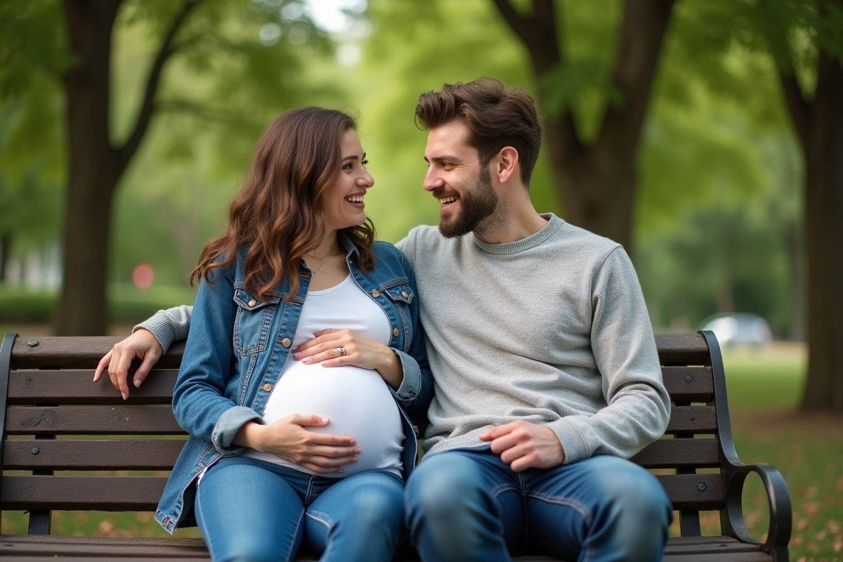 Couple enceinte assis sur un banc dans un parc