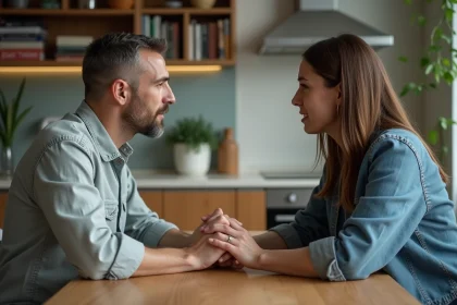 Couple en conversation sérieuse autour d'une table, illustrant les tensions relationnelles dans un foyer partagé