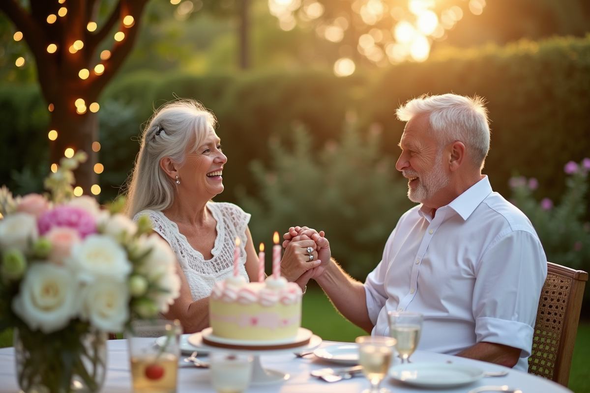 Couple souriant dans un jardin lors d'une fête élégante