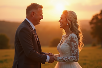 Couple mature échangeant des vœux en extérieur lors d'une heure dorée