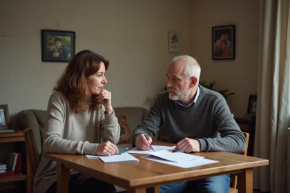 Femme française et son mari regardent des papiers et passeports