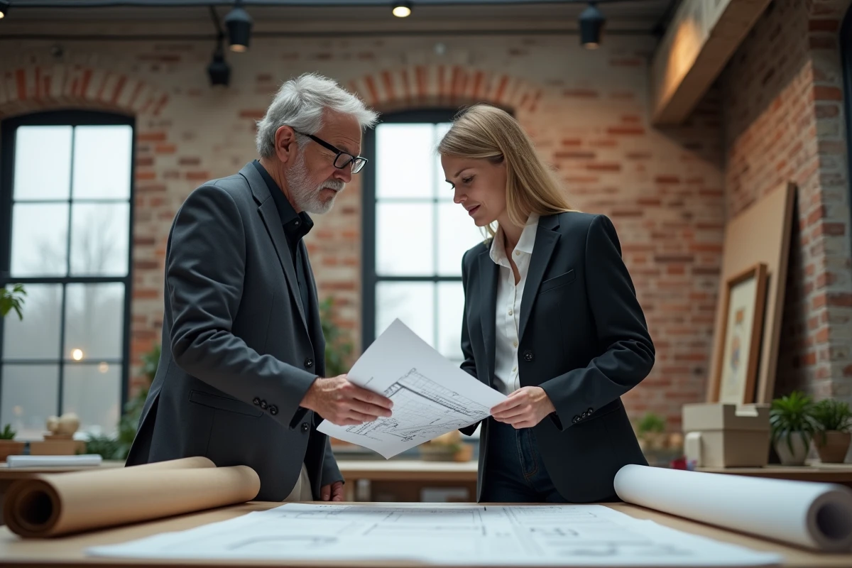 Deux adultes étudiant des plans architecturaux dans un studio, illustrant la construction d'un avenir commun complexe