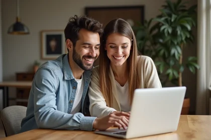 Couple souriant regardant un ordinateur dans un appartement moderne