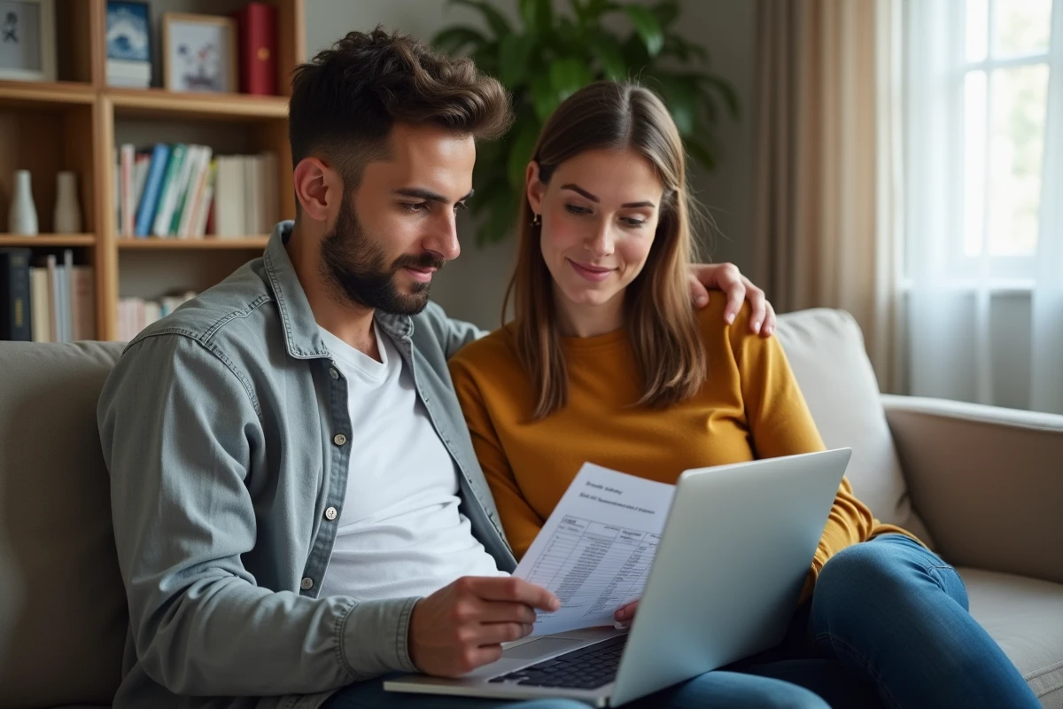 Couple vérifiant les dates de versement du RSA socle sur un ordinateur portable à domicile