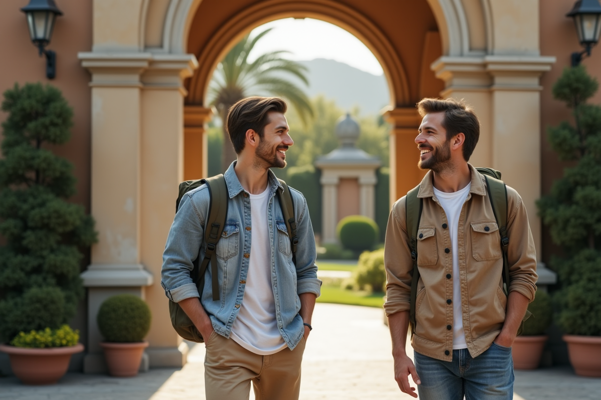 Jeune couple souriant devant une arche méditerranéenne