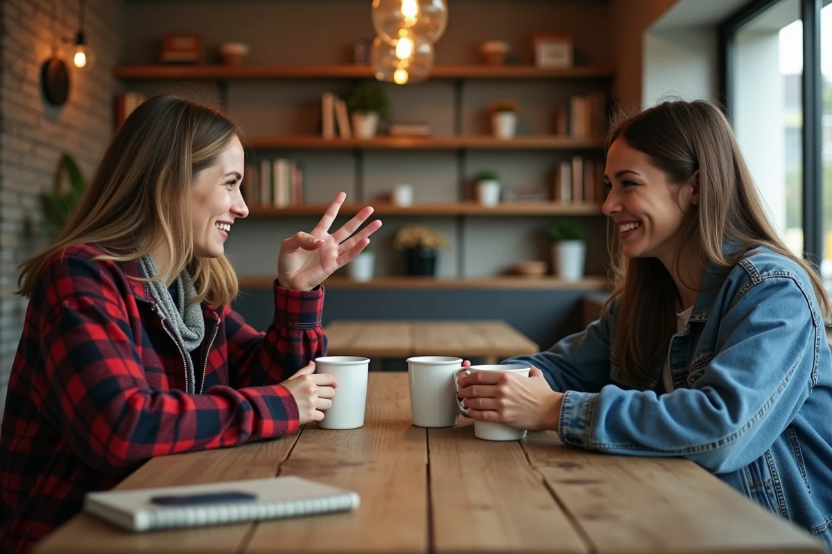 Deux cousines discutant avec complicité autour d'un café dans un café rustique, exprimant une relation chaleureuse