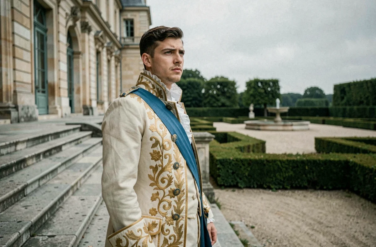 Jeune dauphin en costume royal du XVIIe siècle contemplant un jardin à la française, symbolisant les difficultés de Louis XIII à s'imposer comme héritier d'Henri IV