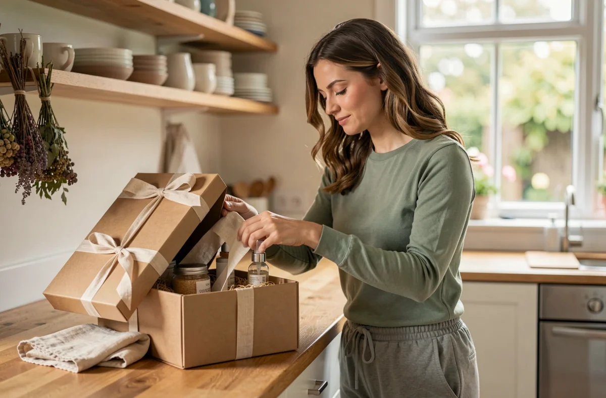 Femme enceinte ou jeune maman ouvrant un coffret cadeau bien-être emballé dans du papier kraft avec ruban en lin dans une cuisine chaleureuse