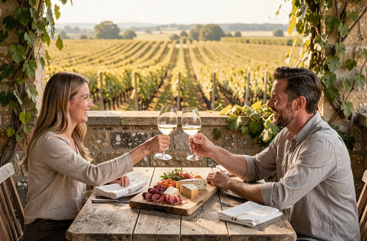 Amis dégustant du vin et des fromages sur une terrasse de domaine viticole en Seine-et-Marne