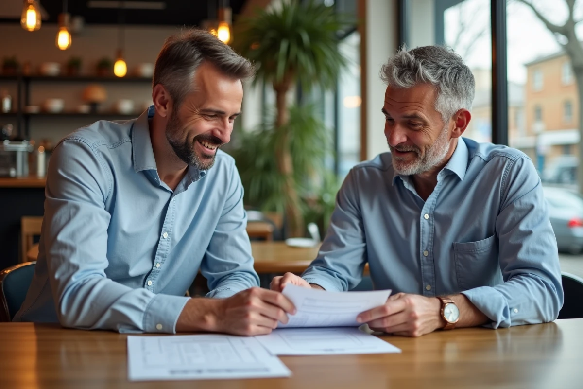 Deux hommes discutant autour d une feuille dans un café chaleureux