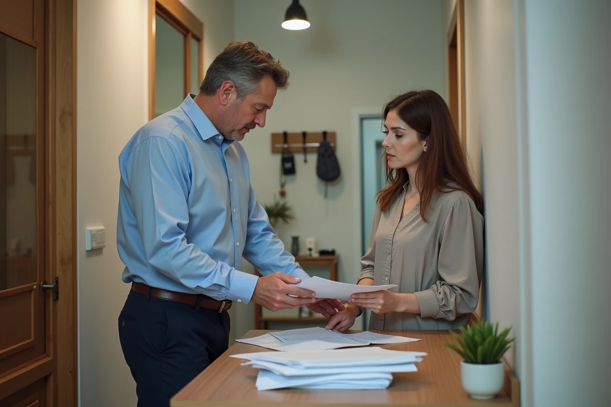 Homme et femme discutant de documents dans un couloir