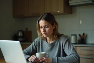 Femme seule devant un ordinateur portable remplissant un formulaire de divorce en ligne dans une cuisine modeste