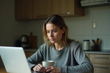 Femme seule devant un ordinateur portable remplissant un formulaire de divorce en ligne dans une cuisine modeste