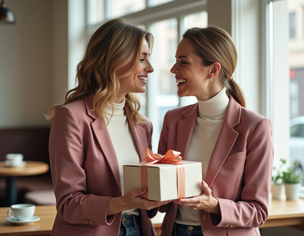 Deux femmes échangeant un cadeau avec des sourires chaleureux dans un café au style scandinave