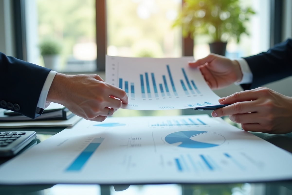 Mains passant un document financier sur un bureau moderne
