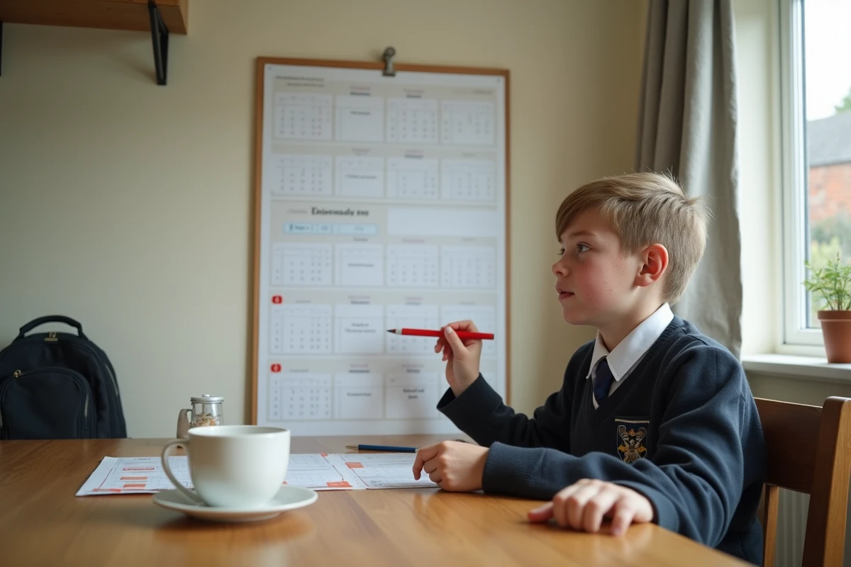 Écolier anglais entourant les dates de vacances scolaires sur un calendrier mural
