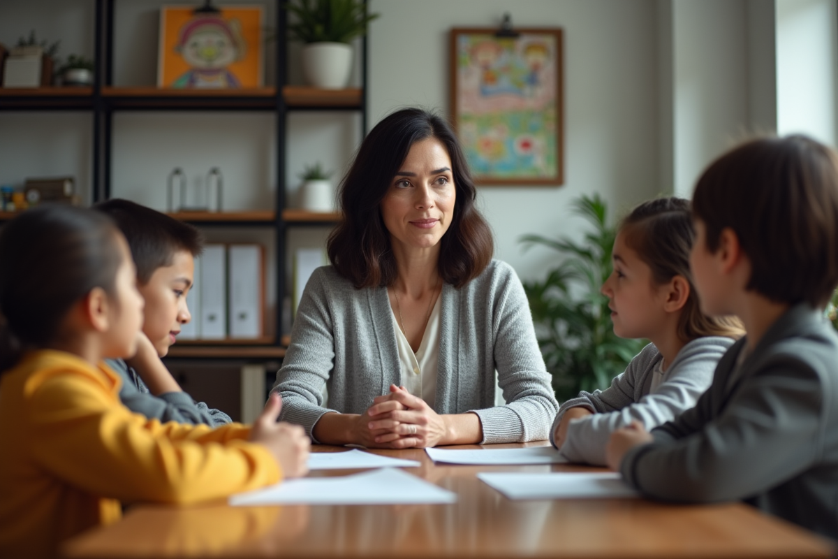 Assistante sociale parlant avec des enfants en réunion