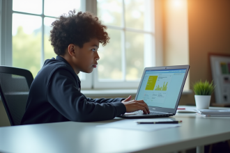 Étudiant utilisant un ordinateur et un tableau de bord numérique