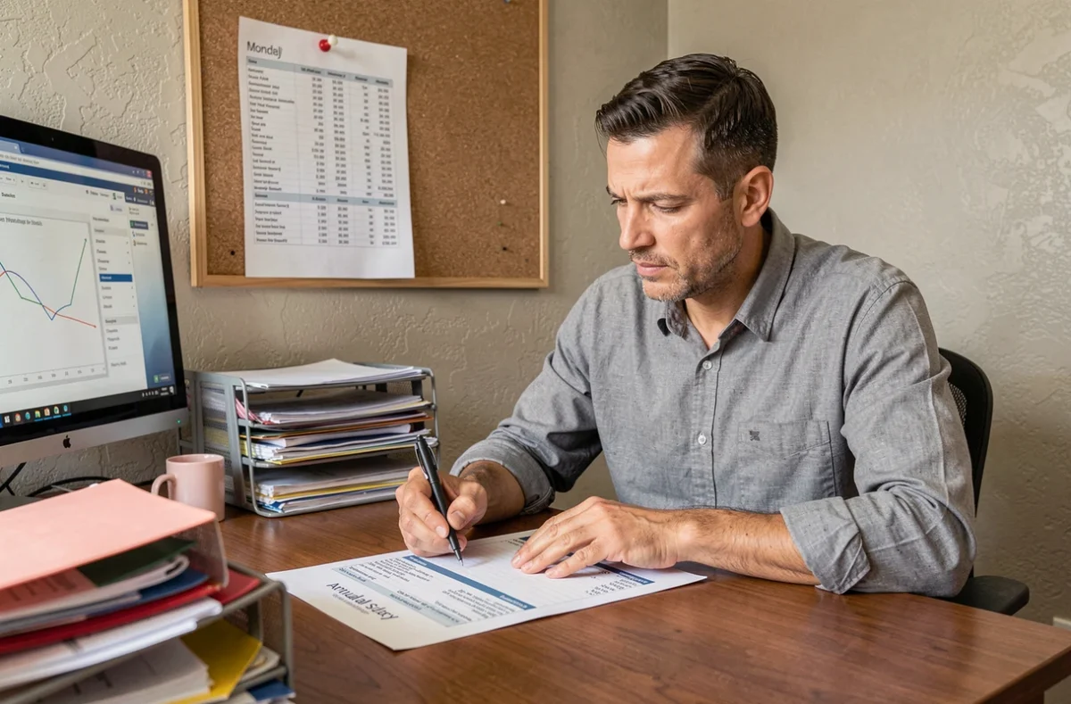 Parent employeur analysant le récapitulatif de salaire annuel d'une nounou sur son bureau à domicile avec des documents de paie
