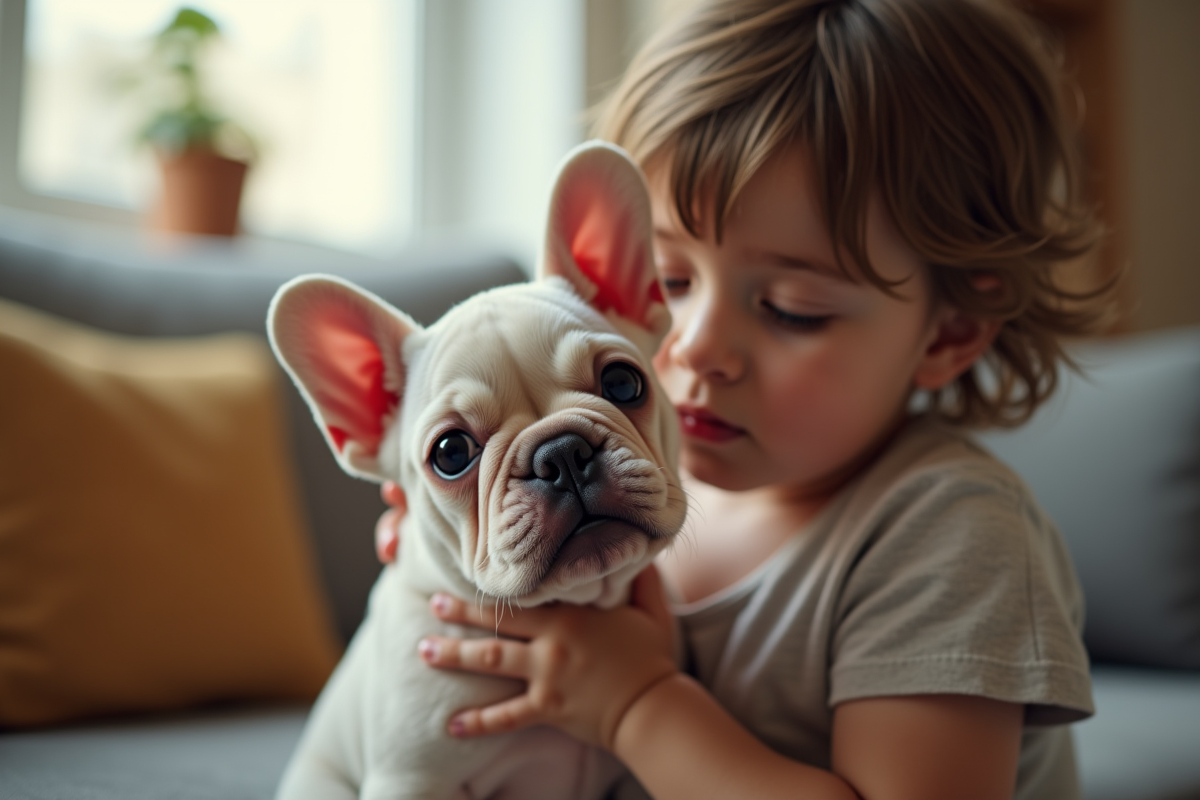 Enfant tenant tendrement un chiot bouledogue français en intérieur