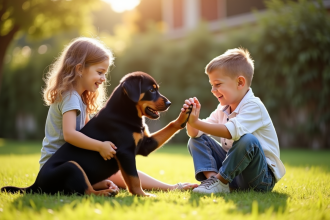 Jeune garçon et fille entraînant un chiot rottweiler dans le jardin