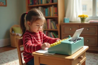 Jeune fille concentrée utilisant une machine à écrire jouet colorée sur un bureau en bois dans une chambre d'enfant