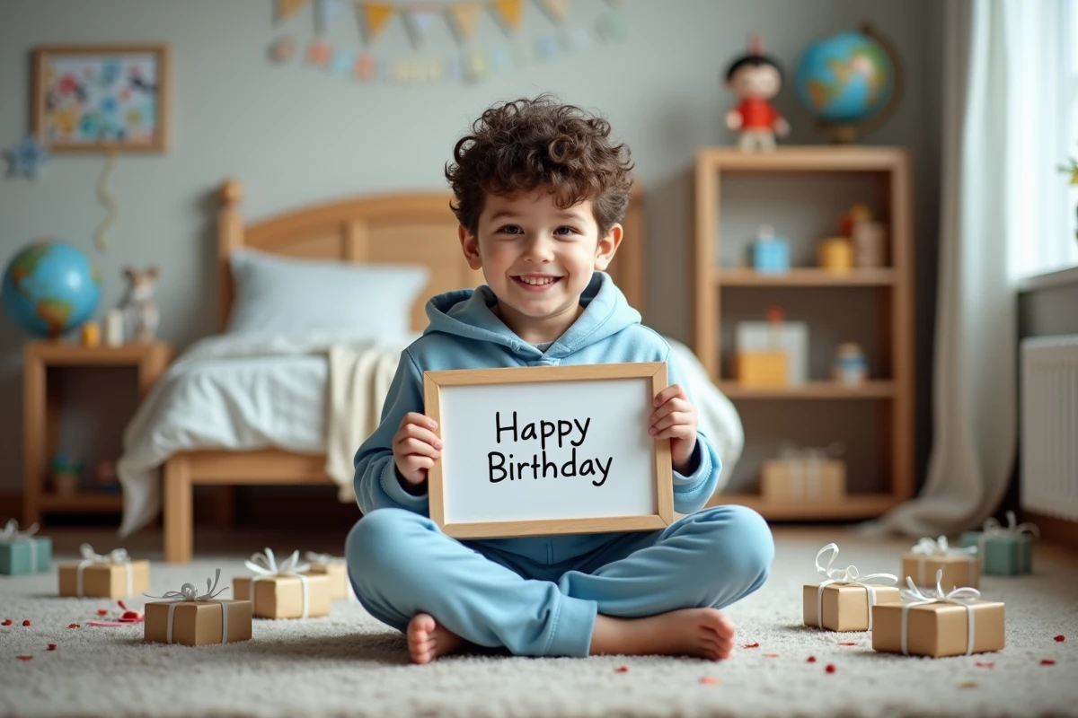 Enfant de 8 ans tenant fièrement un message d'anniversaire encadré dans sa chambre décorée
