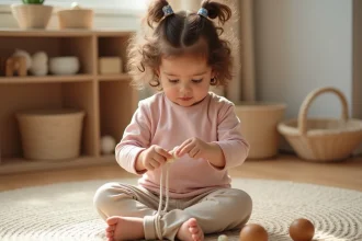 Petite fille de 2 ans enfilant des perles en bois dans un cadre Montessori, activité de motricité fine