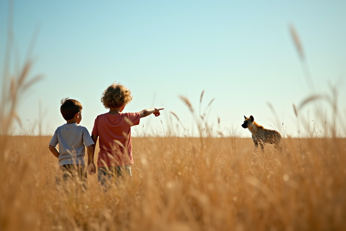 Enfant et parent pointant vers une hyene dans la savane