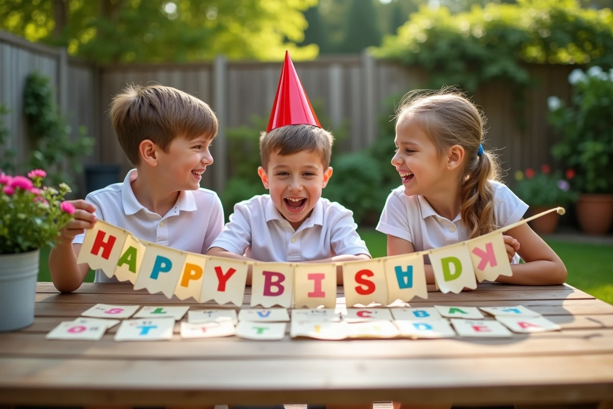 Groupe d'enfants riant autour d'une banderole d'anniversaire personnalisée lors d'une fête en plein air