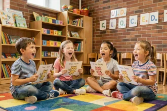 Groupe d'enfants chantant la chanson Trois petits chats en classe avec des cartes illustrées
