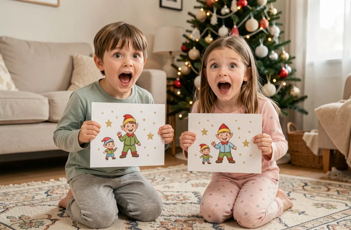 Enfants découvrant avec émerveillement leur lettre personnalisée du lutin farceur sous le sapin de Noël