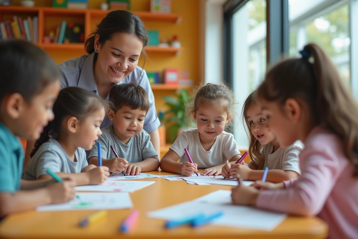 Groupe d enfants dessinant autour d une table dans une crèche d entreprise